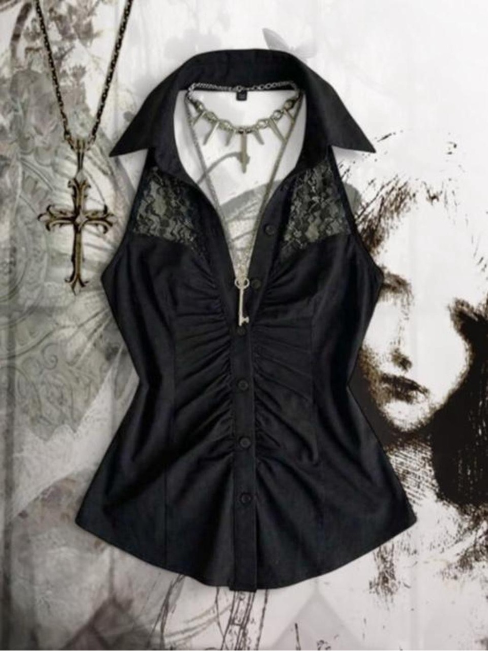 black lace button up collard halter backless tank top FIXED PRICE